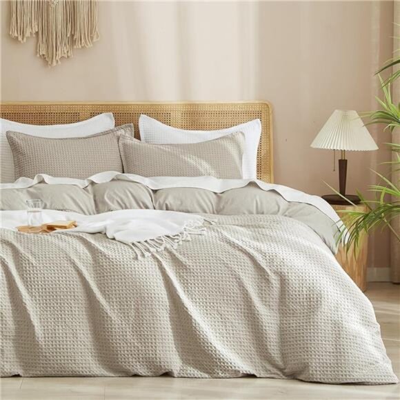 Waffle Weave Duvet Cover Set Queen Size, 3 Piece Ultra Soft Breathable